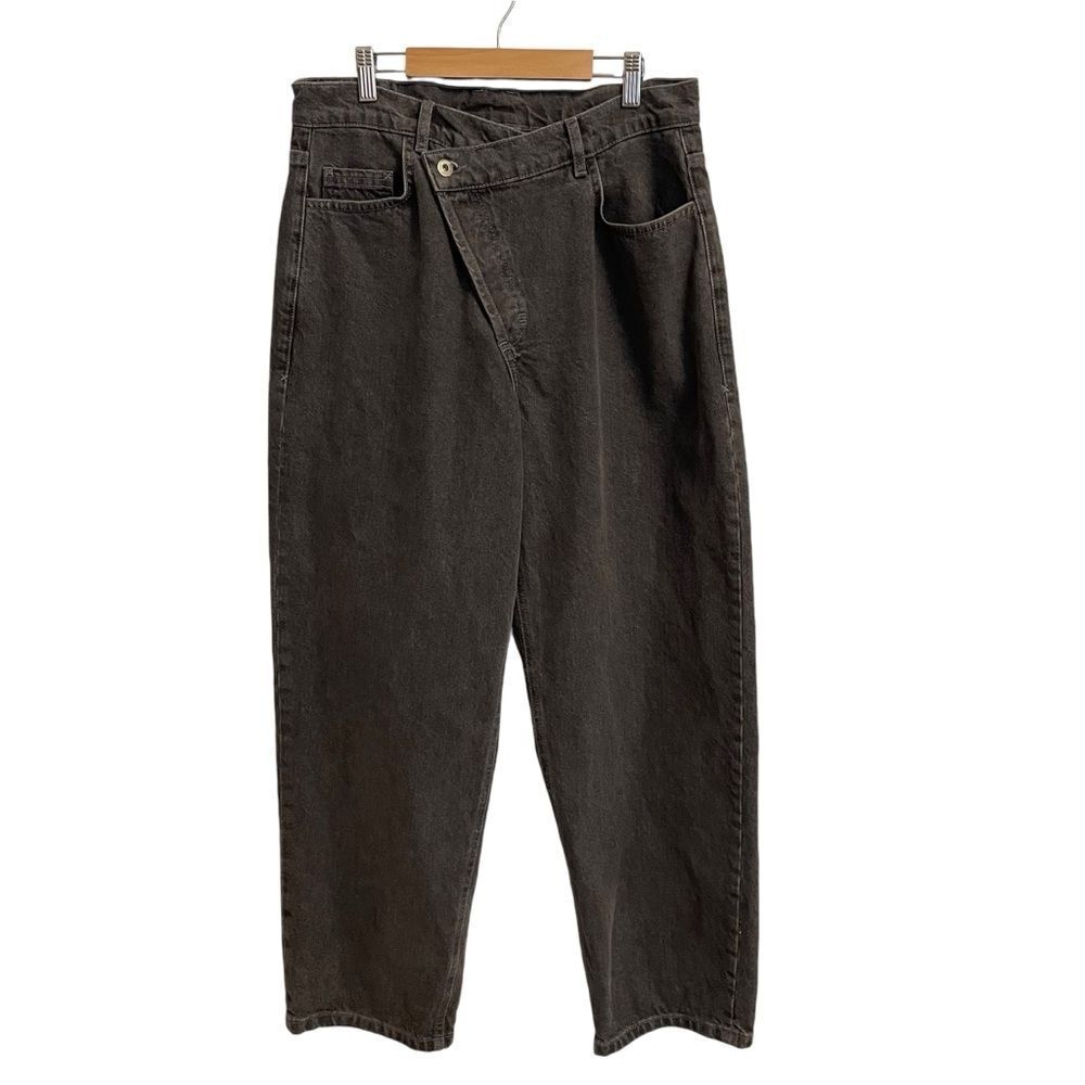 Collusion Asymmetric Crossover Waist Jeans Washed Black Relaxed Straight 30